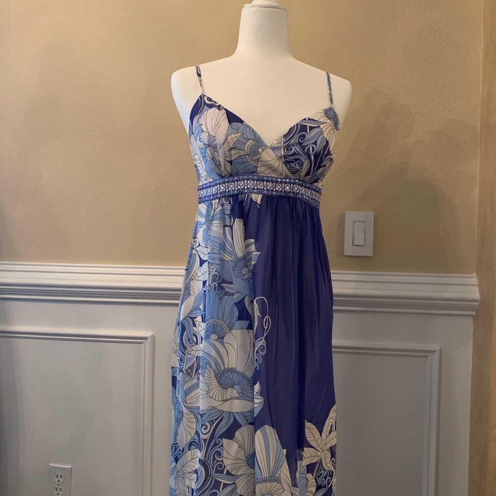 MUSE silk blue/white floral dress w/ sequin trim
